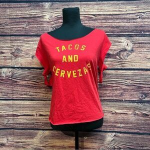 Tacos and Cervezas Women's XL Red Shredded Shirt Top Blouse Customized Open Back